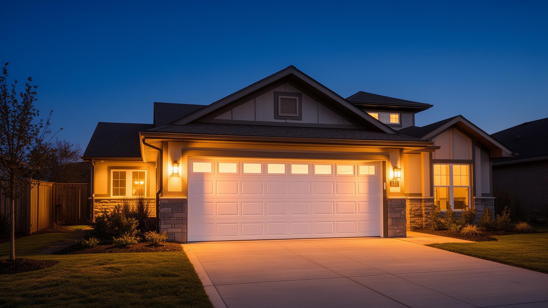 Beautiful modern garage door at dusk - Dennison Garage Doors serving Tuscarawas County